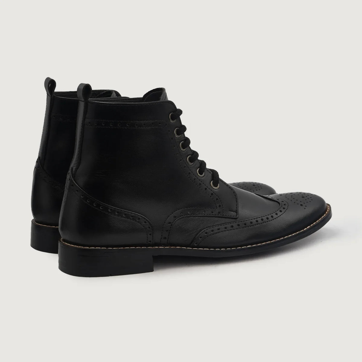 Duster Brogues Derby Black Leather Boots For Men - Lateral Side Profile View Showing Sleeve Cut & Athletic Taper Fit