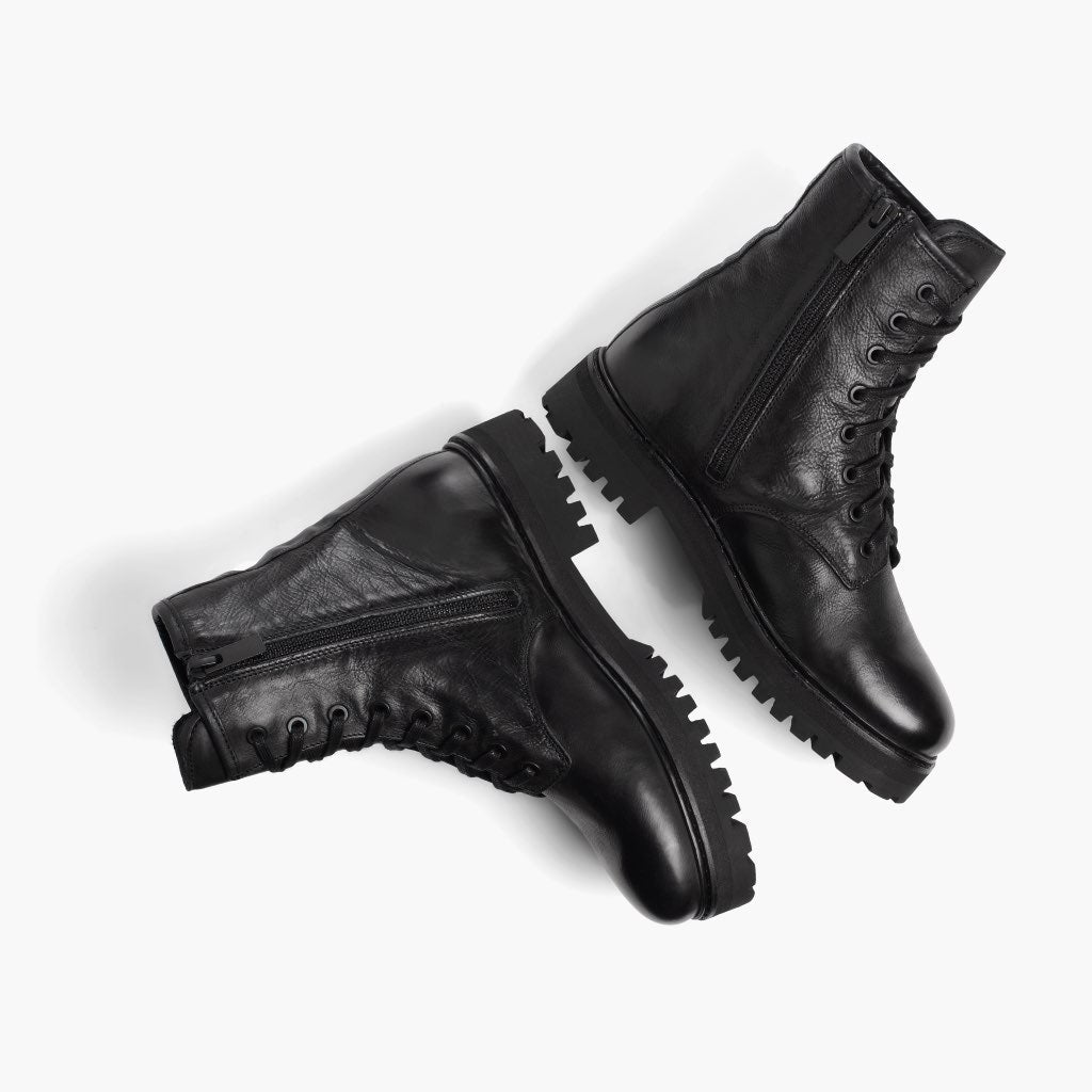 High-Traction Rubber Outsole & Lug Tread Pattern on Combat Black Leather Boots