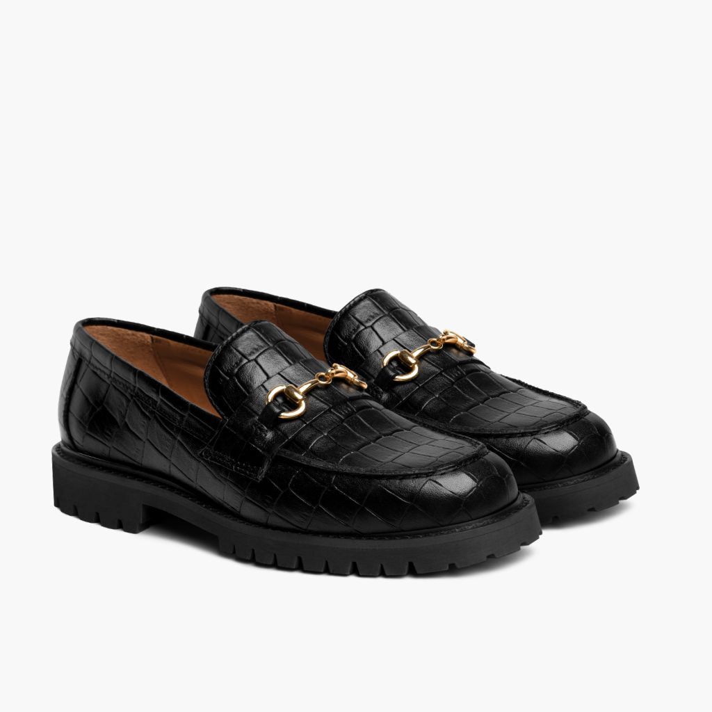 Women's Penny Black & Gold Croco Leather Loafers in Black Full-Grain Leather - Lateral Side Profile View | Buy Online