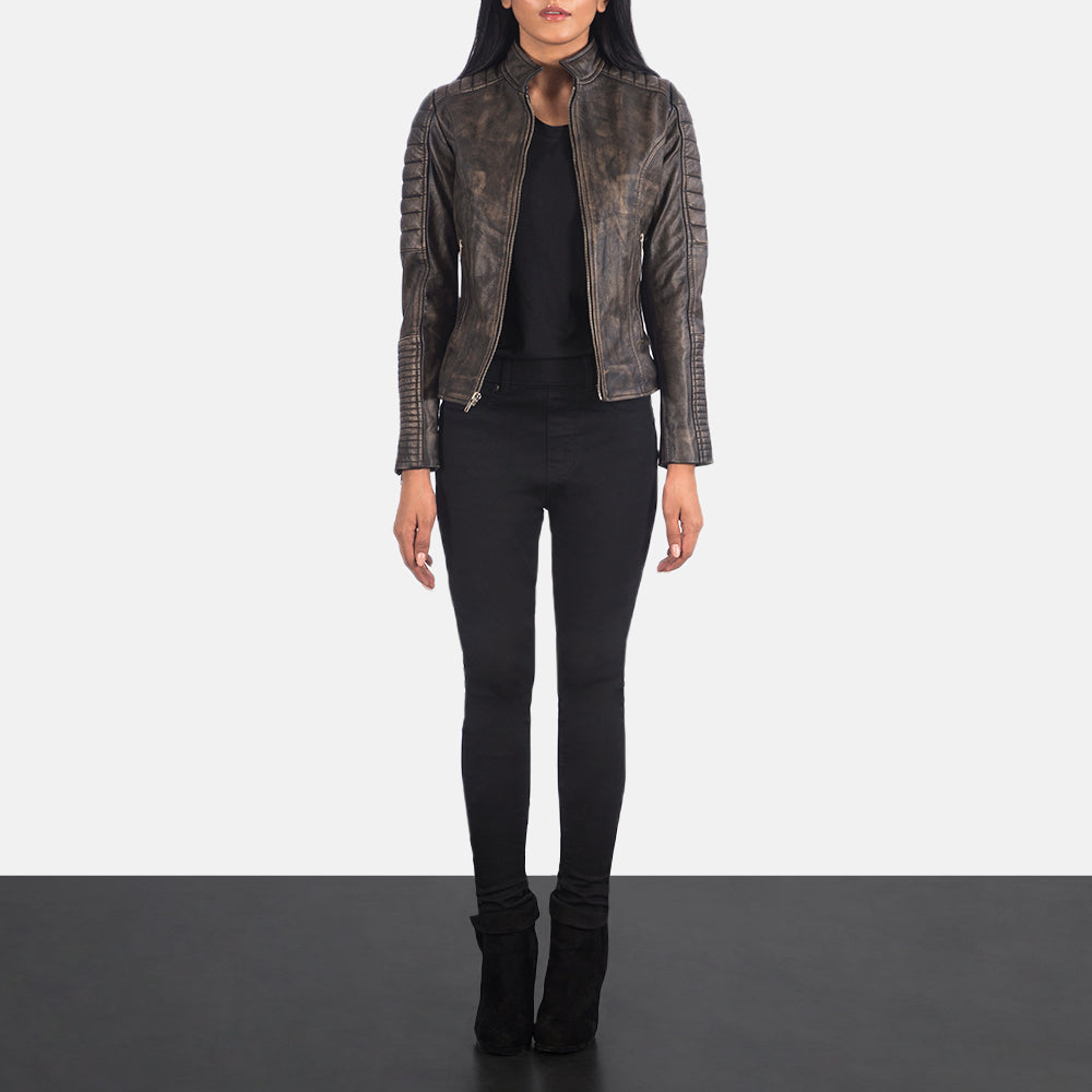 
Women's Adalyn Quilted Distressed Brown Leather Biker Jacket - Lateral Side Profile View Showing Sleeve Cut & Athletic Taper Fit