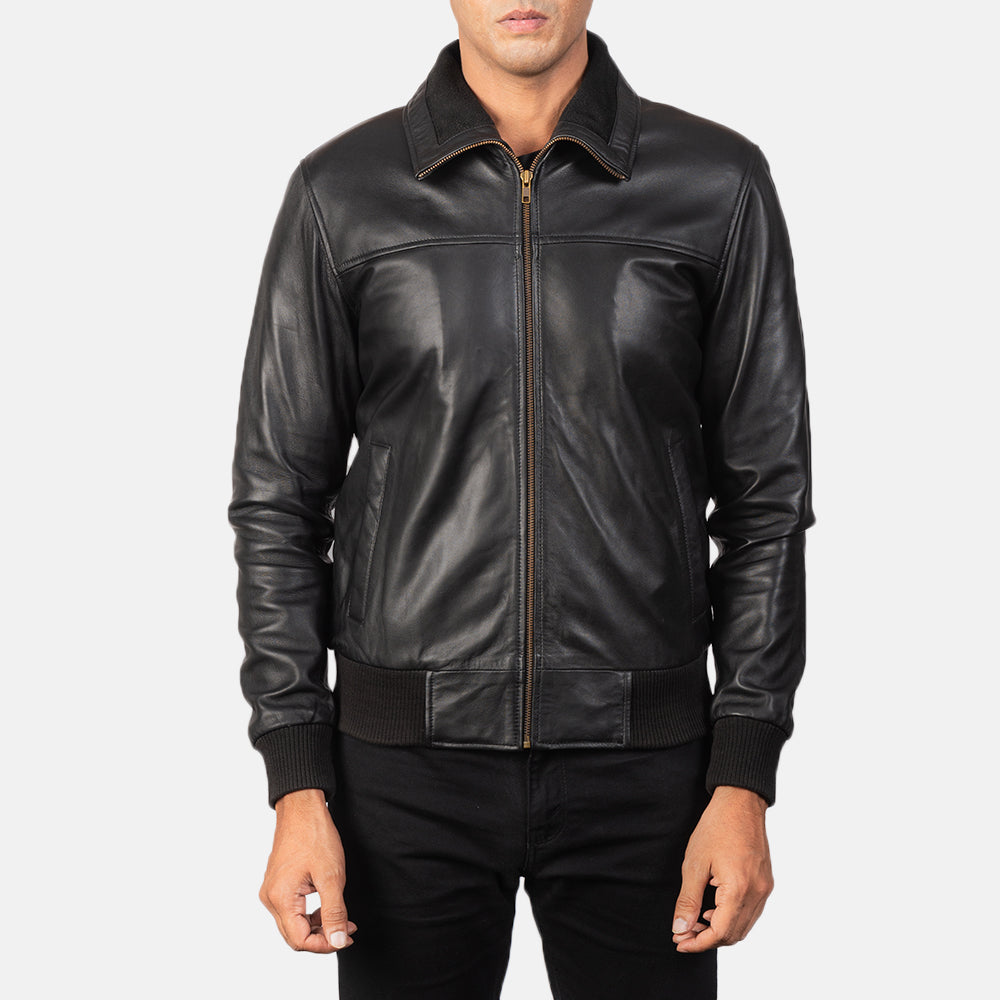 Close-Up Detail of Rib Knit &amp; Zipper Hardware on Men's Air Rolf Black Leather Bomber Jacket