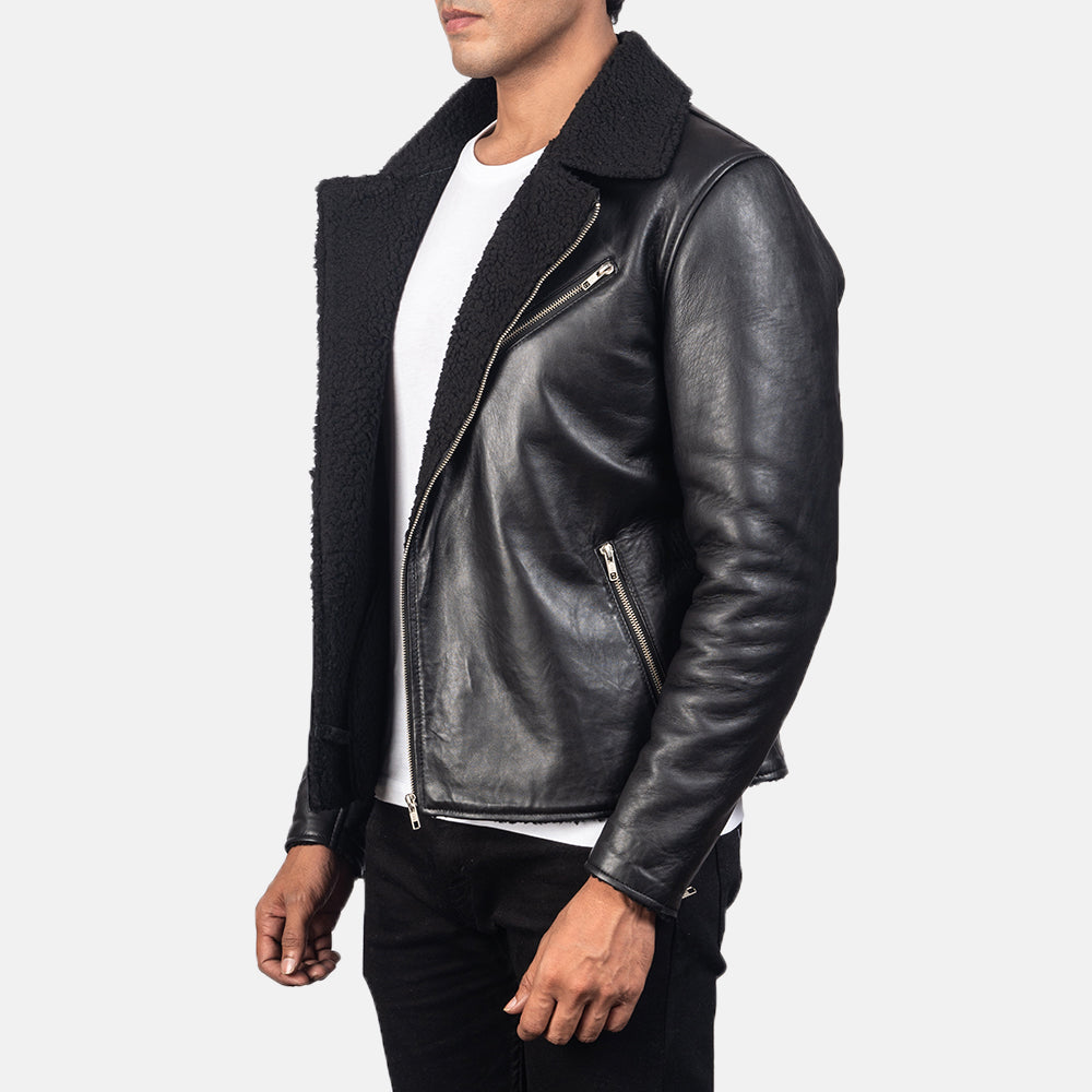 
Black Sheepskin Leather Biker Jacket - Back View Showing Tailored Shoulder Fit & Clean Hemline
