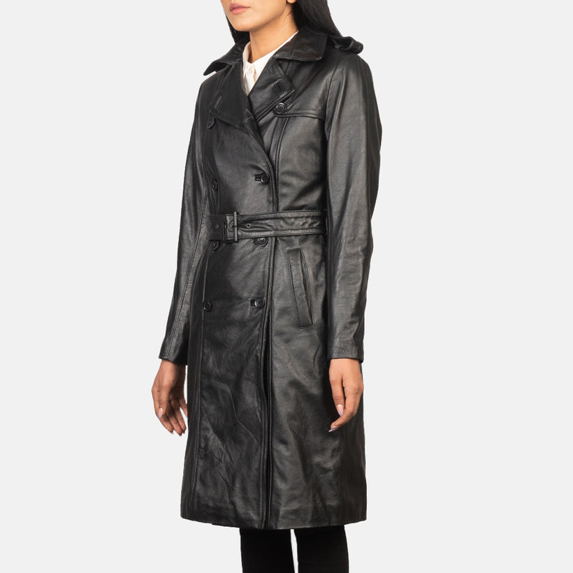 Alice Black Double-Breasted Leather Coat