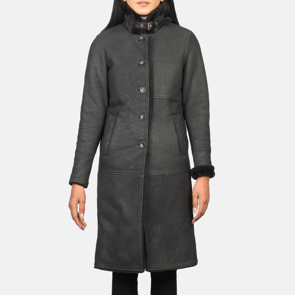 Close-Up Detail of Buckled Collar &amp; Button Hardware on Women's Alina Shearling Black Leather Coat