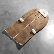 
Styled Fit Perspective of Women's Alina Shearling Brown Leather Coat on Model - Natural Daylight Drape