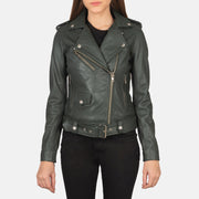 Close-Up Detail of Notch &amp; Zipper Hardware on Women's Alison Green Leather Biker Jacket
