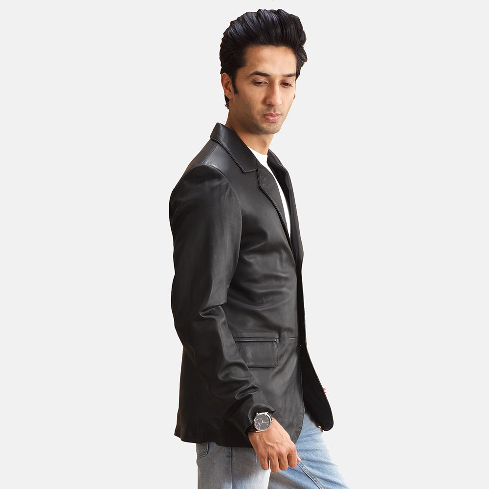 
Black Sheepskin leather Blazer - Back View Showing Tailored Shoulder Fit & Clean Hemline
