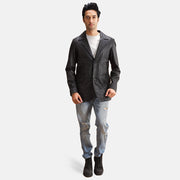 
Alyson Black Leather Blazer - Lateral Side Profile View Showing Sleeve Cut & Athletic Taper Fit