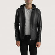 
Men's Andy Matte Black Hooded Leather Jacket - Lateral Side Profile View Showing Sleeve Cut & Athletic Taper Fit
