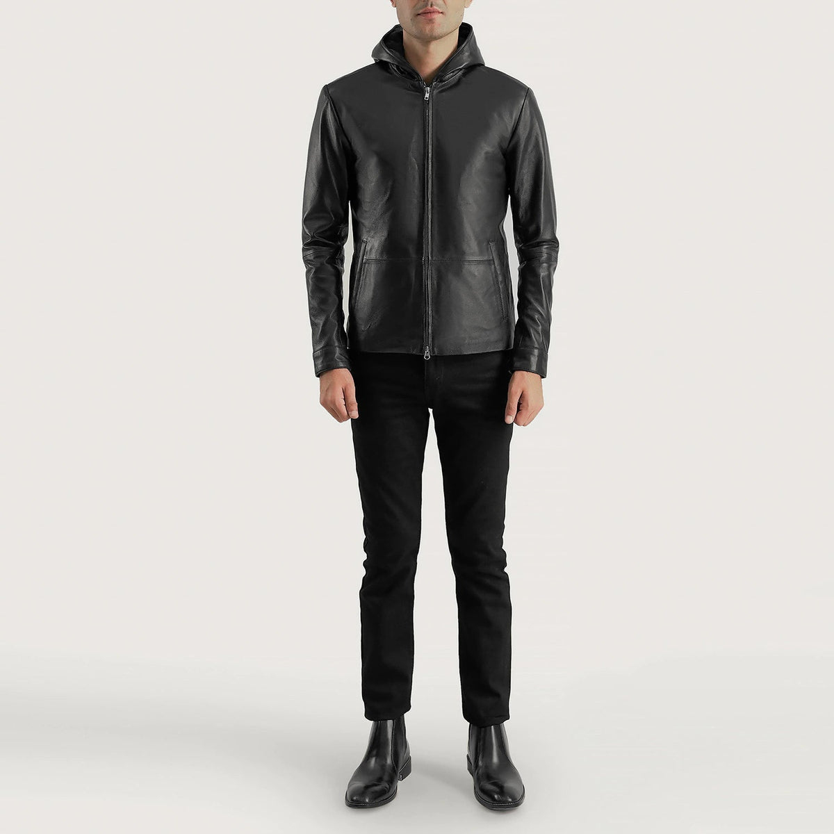 
Close-Up Detail of Hooded & Zipper Hardware on Men's Andy Matte Black Hooded Leather Jacket