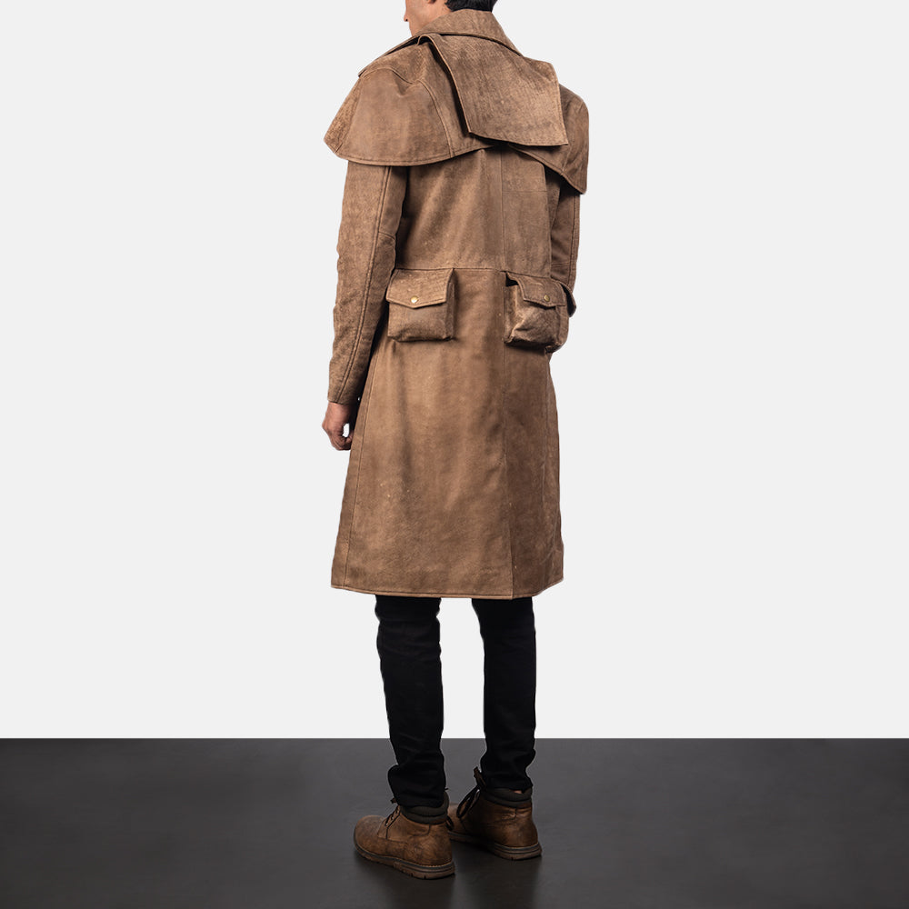 
Men's Army Brown Leather Duster - Lateral Side Profile View Showing Sleeve Cut & Athletic Taper Fit