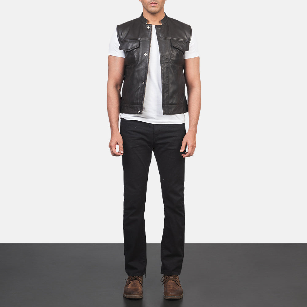 
Men's Atlas Moto Brown Leather Vest - Lateral Side Profile View Showing Sleeve Cut & Athletic Taper Fit