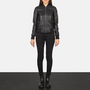 
Women's Ava Ma-1 Black Leather Bomber Jacket - Lateral Side Profile View Showing Sleeve Cut & Athletic Taper Fit
