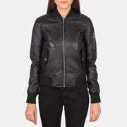 
Close-Up Detail of Rib Knit & Zipper Hardware on Women's Ava Ma-1 Black Leather Bomber Jacket