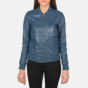 Close-Up Detail of Varsity - Rib Knit &amp; Zipper with Wind Flap Hardware on Women's Bliss Blue Leather Bomber Jacket