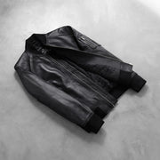 
Styled Fit Perspective of Men's Bomia Ma-1 Black Leather Bomber Jacket on Model - Natural Daylight Drape