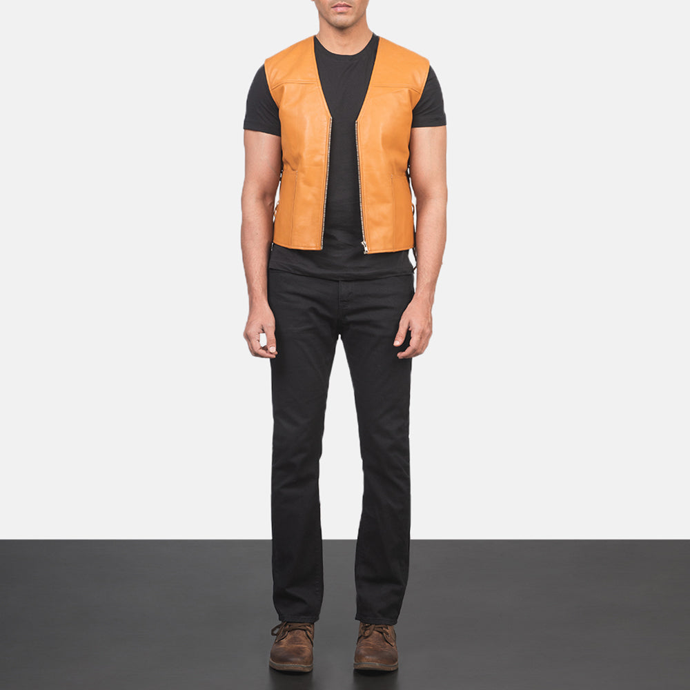 Men's Brandon Tan Brown Leather Vest - Lateral Side Profile View Showing Sleeve Cut &amp; Athletic Taper Fit