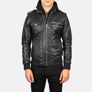 
Close-Up Detail of High Neck & Zipper Hardware on Men's Bravado Black Hooded Leather Bomber Jacket