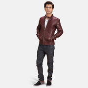 
Burgunn Dee Maroon Leather Biker Jacket - Lateral Side Profile View Showing Sleeve Cut & Athletic Taper Fit