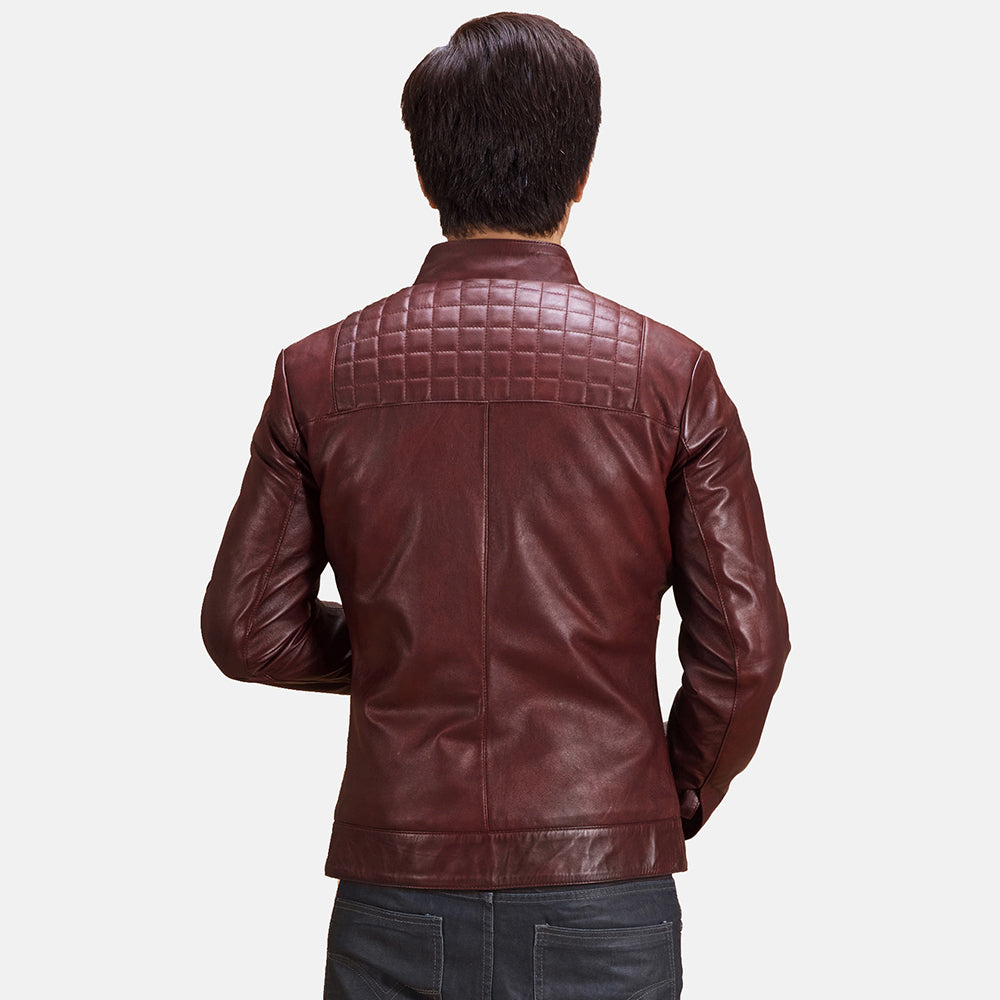 
Close-Up Detail of Band with Snap Button & Zipper Hardware on Burgunn Dee Maroon Leather Biker Jacket