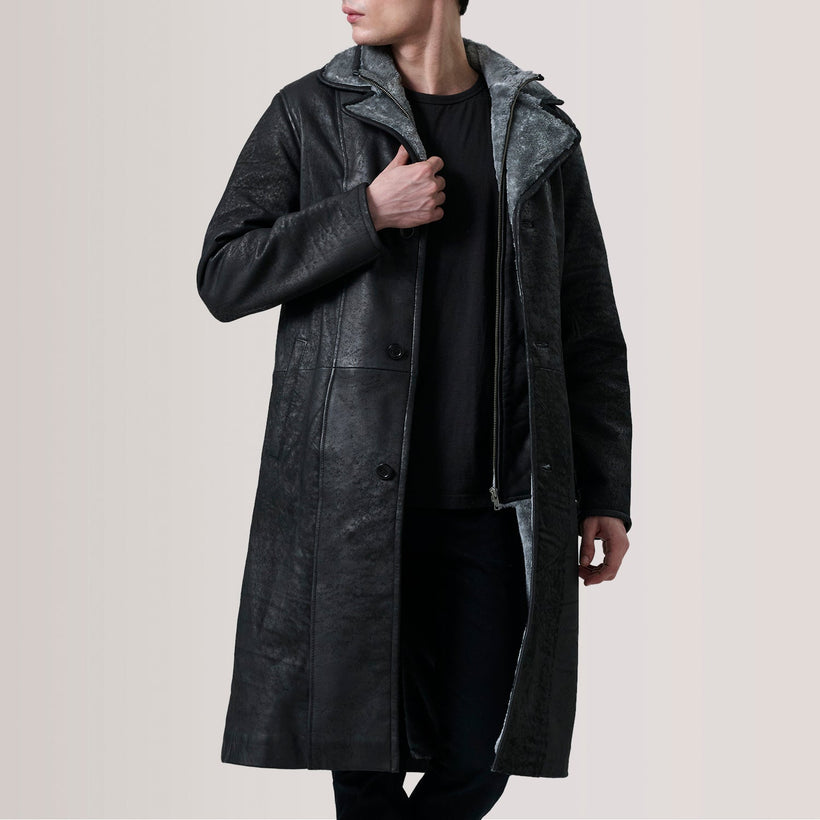 Cai Distressed Black Leather Shearling Coat