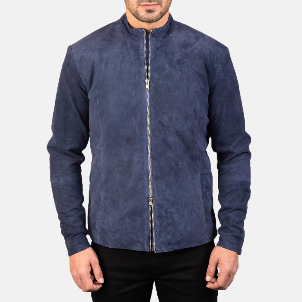 Close-Up Detail of Mandarin &amp; Zipper with Dual Puller Hardware on Men's Charcoal Navy Blue Suede Biker Jacket