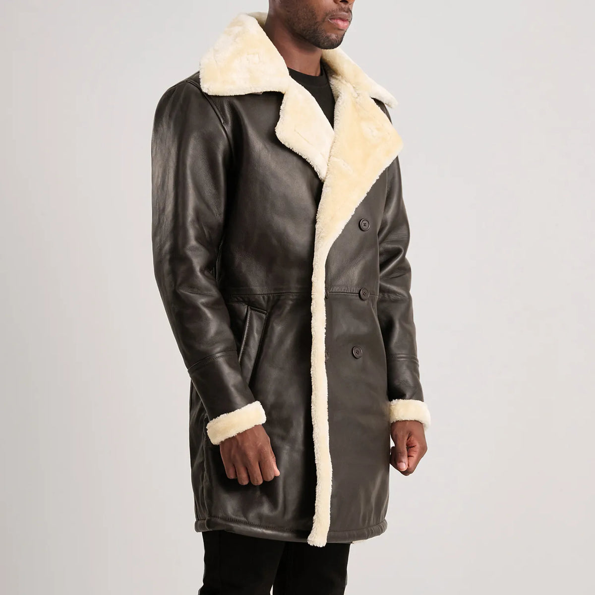 Styled Fit Perspective of Charles Brown Suede Leather Shearling Double-Breasted Coat on Model - Natural Daylight Drape