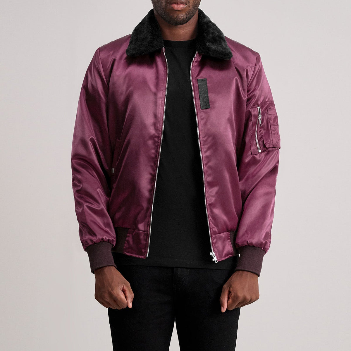 Clyde B-15 Maroon Bomber Jacket - Lateral Side Profile View Showing Sleeve Cut &amp; Athletic Taper Fit