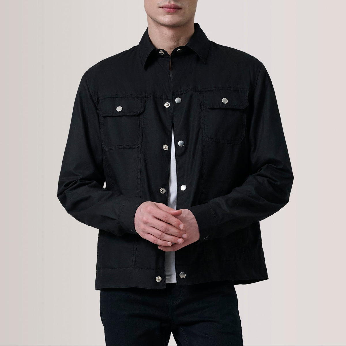 Colberto Black Waxed Canvas Trucker Jacket For Men in Black Waxed Cotton Canvas - Front Profile View &amp; Tailored Silhouette | Buy Online