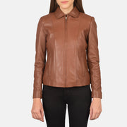 
Close-Up Detail of Shirt & Zipper Hardware on Women Colette Brown Leather Jacket