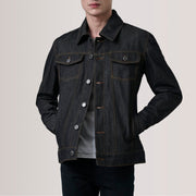 
Conard Faded Black Denim Trucker Jacket For Men in Black Full-Grain Leather - Front Profile View & Tailored Silhouette | Buy Online