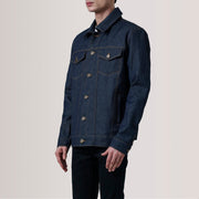 
Conard Ash Grey Denim Trucker Jacket For Men - Lateral Side Profile View Showing Sleeve Cut & Athletic Taper Fit
