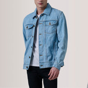 Conard Light Blue Denim Trucker Jacket For Men in Light Blue Full-Grain Leather - Front Profile View &amp; Tailored Silhouette | Buy Online