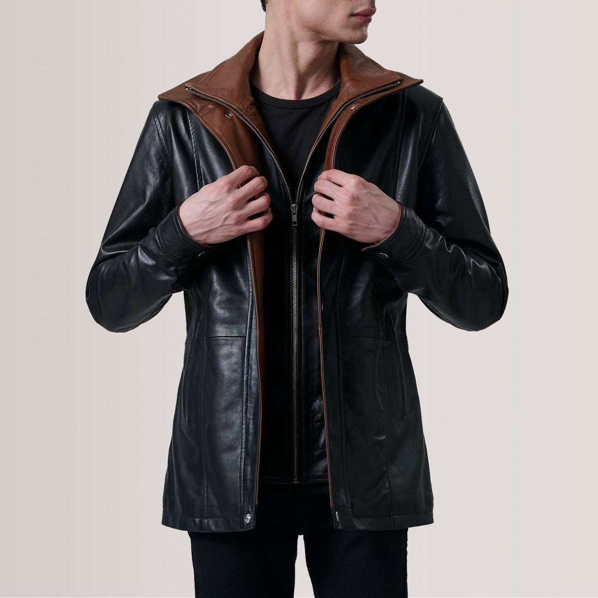 Connor Black Leather Coat For Men in Black Sheepskin Leather - Front Profile View &amp; Tailored Silhouette | Buy Online