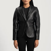 
Women's Cora Quilted Black Leather Blazer in Black Sheepskin Leather - Front Profile View & Tailored Silhouette | Buy Online