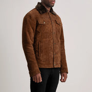 
Brown Goatskin Suede Aviator Jacket - Back View Showing Tailored Shoulder Fit & Clean Hemline