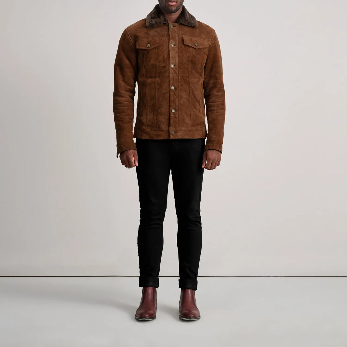 
Dallis Brown Suede Shearling Trucker Jacket - Lateral Side Profile View Showing Sleeve Cut & Athletic Taper Fit