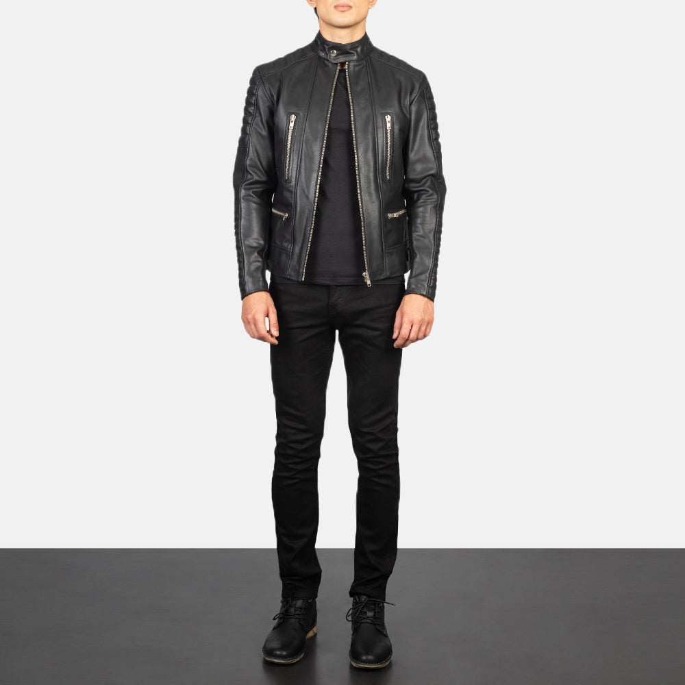 
Men's Damian Grey Suede Biker Jacket - Lateral Side Profile View Showing Sleeve Cut & Athletic Taper Fit
