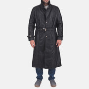 Men's Daniel Black Leather Trench Coat in Black Cowhide Leather - Front Profile View &amp; Tailored Silhouette | Buy Online
