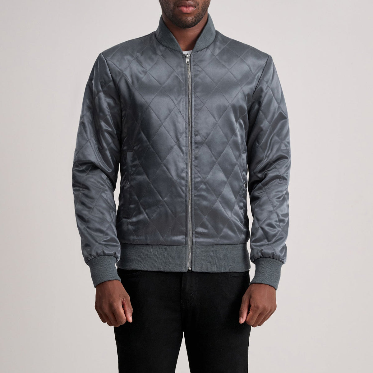
Danson Quilted Grey Varsity Jacket in Grey Satin - Front Profile View & Tailored Silhouette | Buy Online