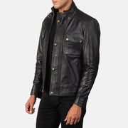 
Black 100% Full-Grain Leather Biker Jacket - Back View Showing Tailored Shoulder Fit & Clean Hemline