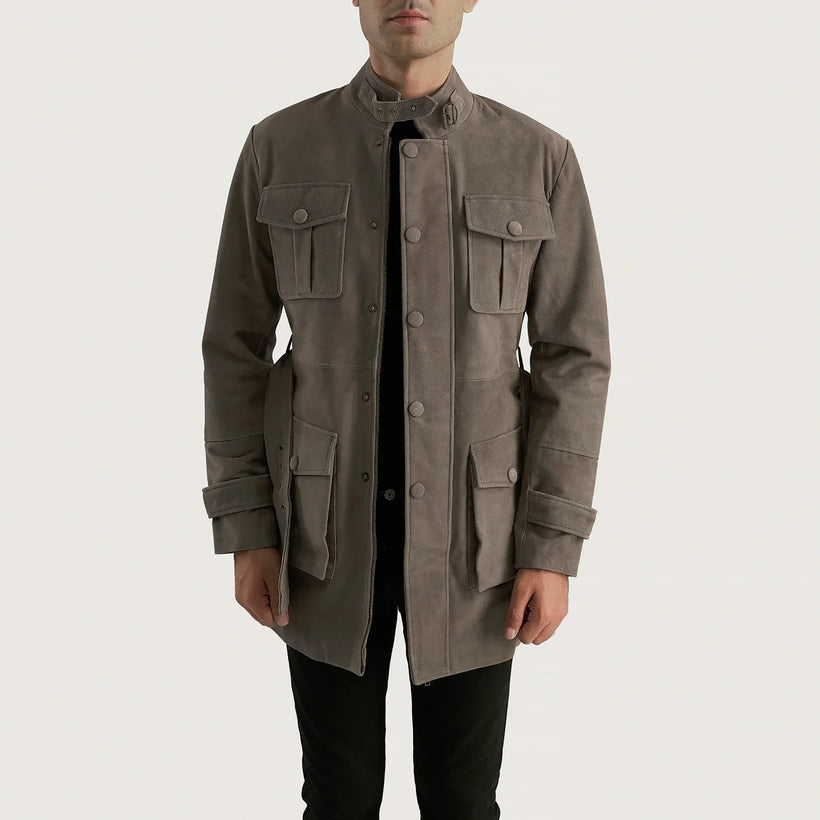 Dolf Grey Suede Jacket in Grey Cowhide Suede - Front Profile View & Tailored Silhouette | Buy Online