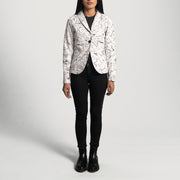 Close-Up Detail of Notch &amp; Button Hardware on Women's Donna Blake White Leather Blazer