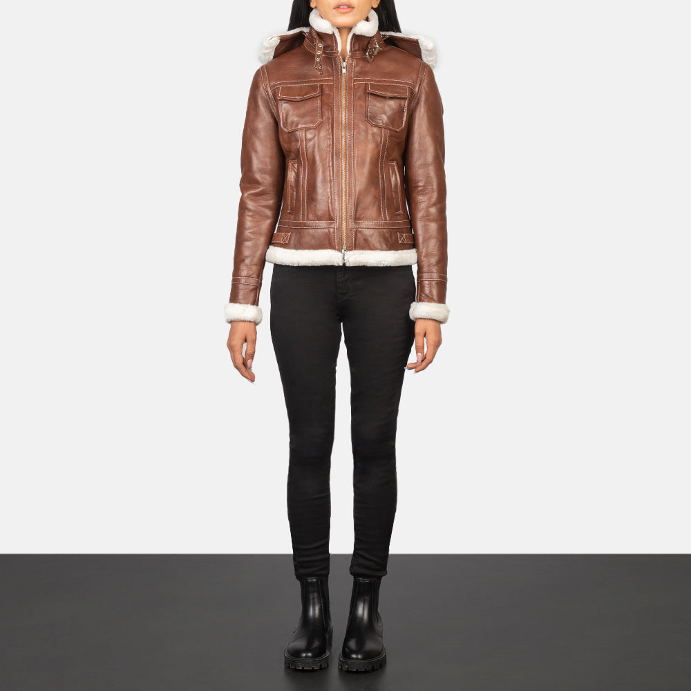 
Women's Fiona Brown Hooded Shearling Leather Jacket - Lateral Side Profile View Showing Sleeve Cut & Athletic Taper Fit