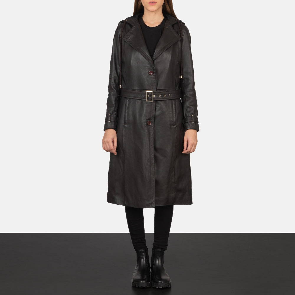 Women's Fixon Hooded Brown Trench Coat - Lateral Side Profile View Showing Sleeve Cut & Athletic Taper Fit