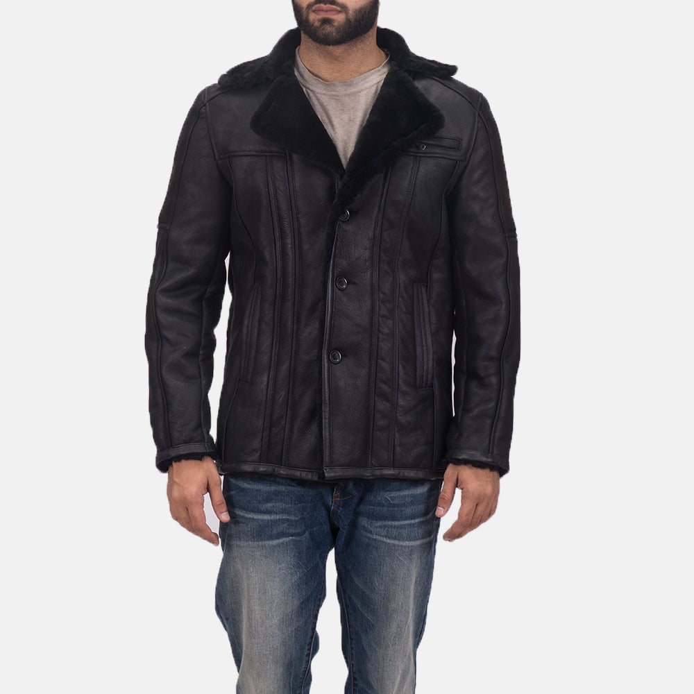 
Men's Furcliff Double Face Shearling Leather Coat - Lateral Side Profile View Showing Sleeve Cut & Athletic Taper Fit