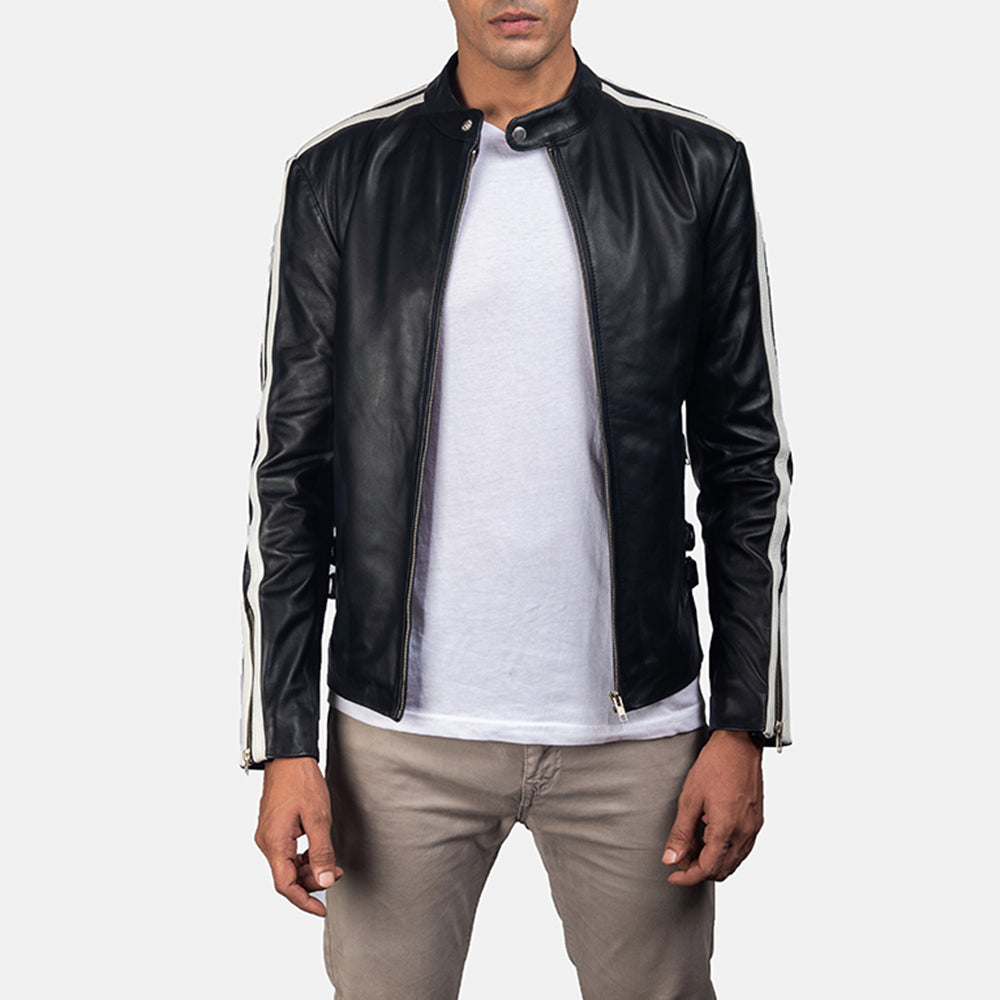
Hank Black Leather Biker Jacket in Black & White Cowhide Leather - Front Profile View & Tailored Silhouette | Buy Online