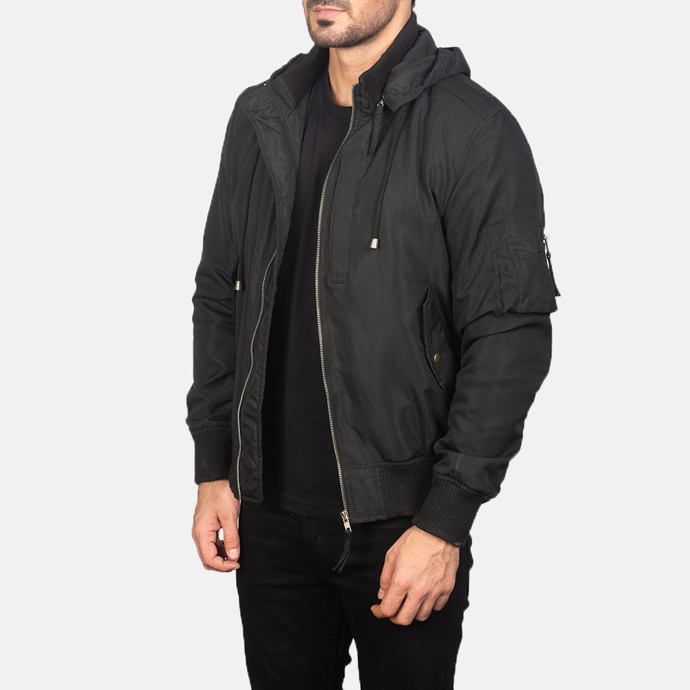 
Black Polyester Bomber Jacket - Back View Showing Tailored Shoulder Fit & Clean Hemline