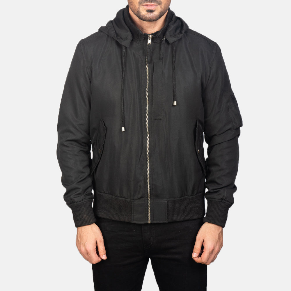 
Close-Up Detail of Knit Rib with Removable Polyester Hood & Zipper Hardware on Men's Hanklin Ma-1 Black Hooded Bomber Jacket
