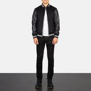 Close-Up Detail of Knit Rib &amp; zipper Hardware on Harrison Black Hybrid Varsity Jacket
